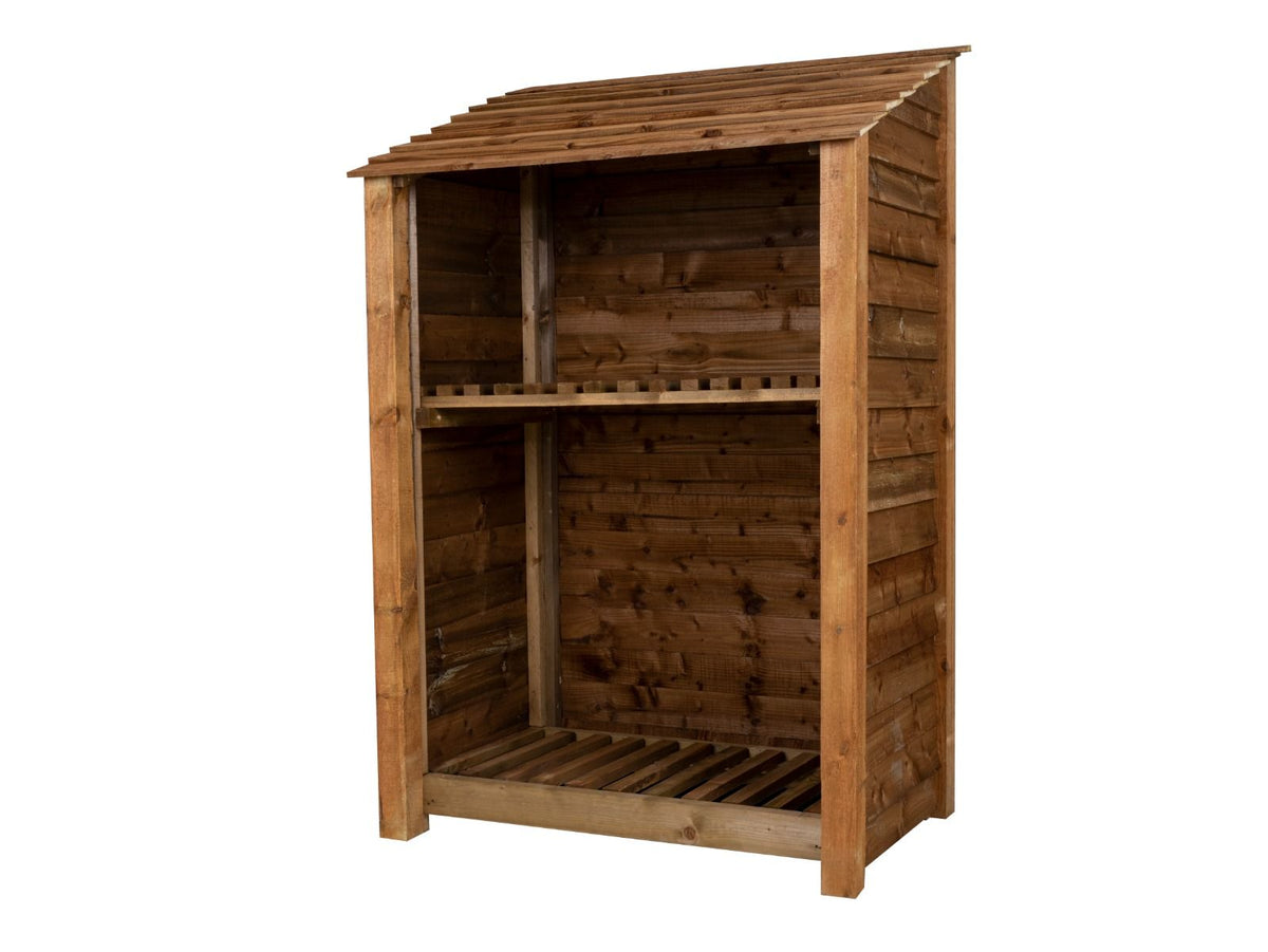 Wooden Log Store with Shelf W-119cm, H-126cm or 180cm, D-88cm - Brown Finish - SGP Garden Ltd