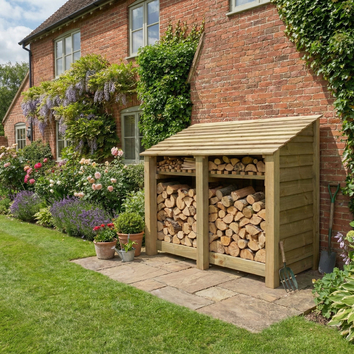 Wooden Log Store with Shelf W-146cm, H-126cm or 180cm, D-88cm - SGP Garden Ltd