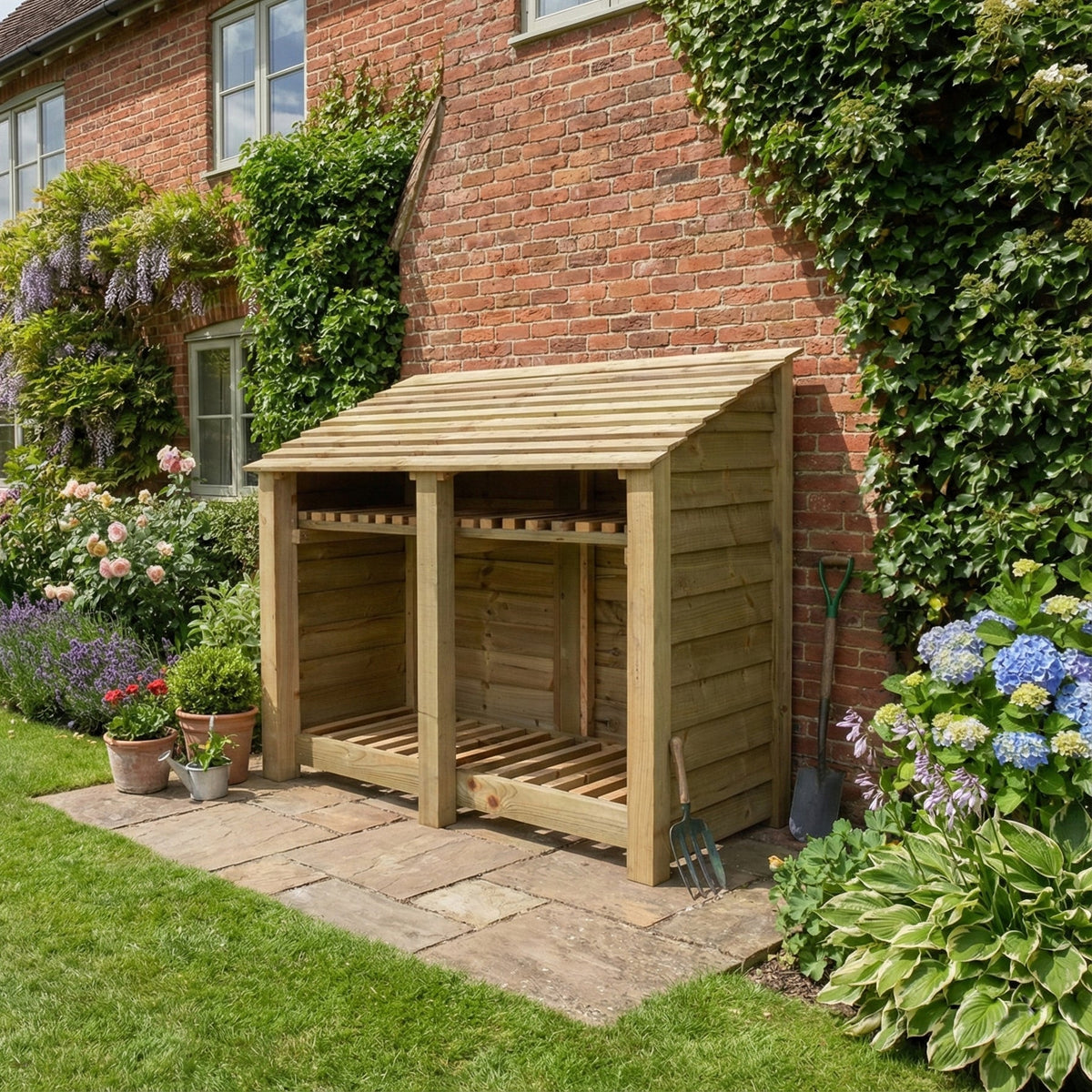 Wooden Log Store with Shelf W-146cm, H-126cm or 180cm, D-88cm - SGP Garden Ltd