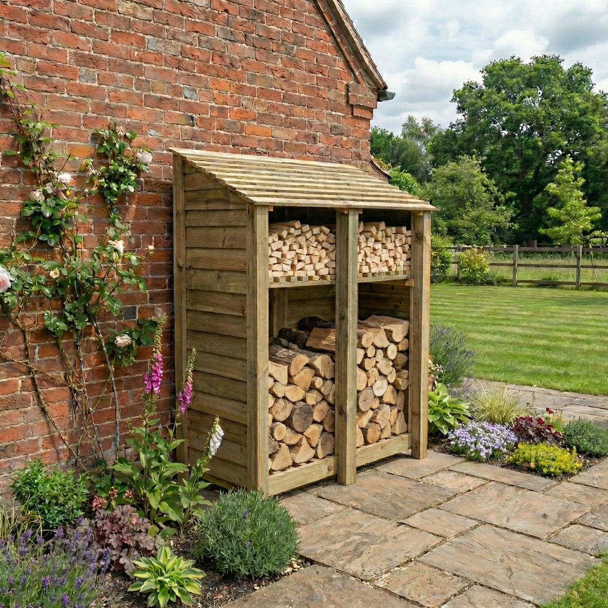 Wooden Log Store with Shelf W-146cm, H-126cm or 180cm, D-88cm - SGP Garden Ltd