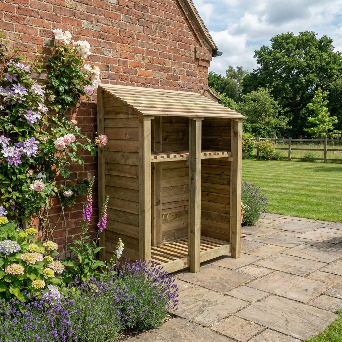 Wooden Log Store with Shelf W-146cm, H-126cm or 180cm, D-88cm - SGP Garden Ltd
