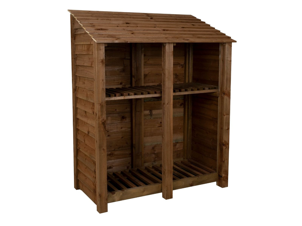Wooden Log Store with Shelf W-146cm, H-126cm or 180cm, D-88cm - Brown Finish - SGP Garden Ltd