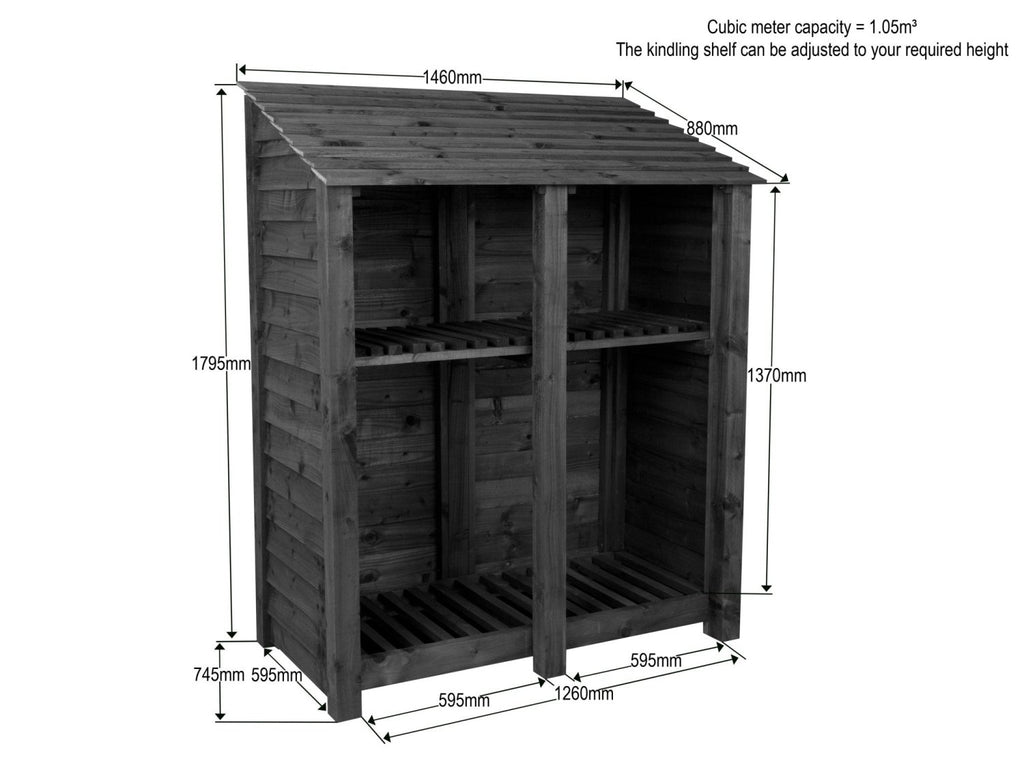 Wooden Log Store with Shelf W-146cm, H-126cm or 180cm, D-88cm - Brown Finish - SGP Garden Ltd