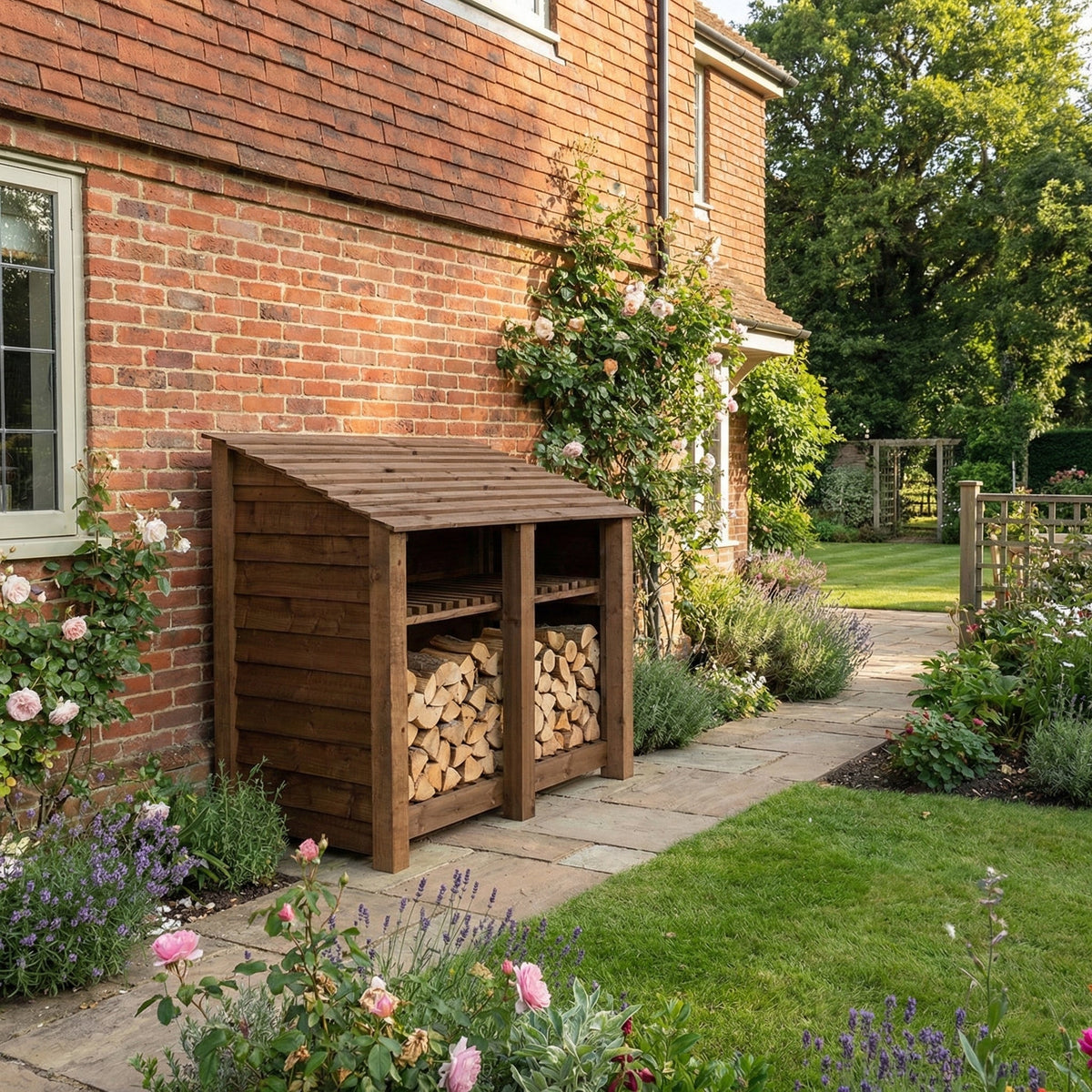 Wooden Log Store with Shelf W-146cm, H-126cm or 180cm, D-88cm - Brown Finish - SGP Garden Ltd