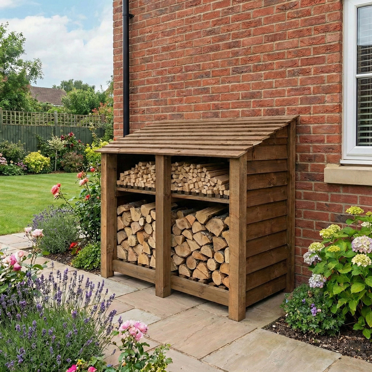 Wooden Log Store with Shelf W-146cm, H-126cm or 180cm, D-88cm - Brown Finish - SGP Garden Ltd