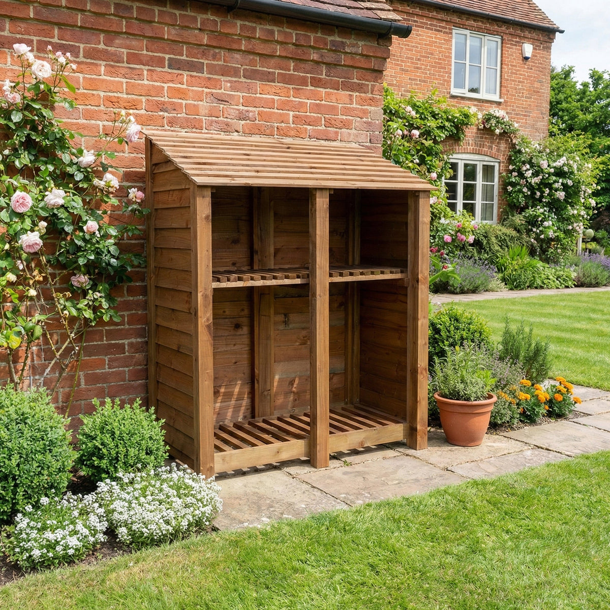 Wooden Log Store with Shelf W-146cm, H-126cm or 180cm, D-88cm - Brown Finish - SGP Garden Ltd