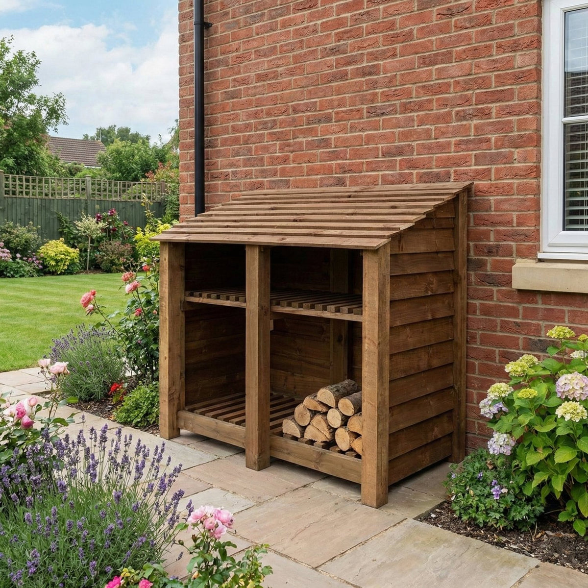 Wooden Log Store with Shelf W-146cm, H-126cm or 180cm, D-88cm - Brown Finish - SGP Garden Ltd