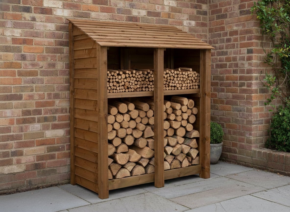 Wooden Log Store with Shelf W-146cm, H-126cm or 180cm, D-88cm - Brown Finish - SGP Garden Ltd