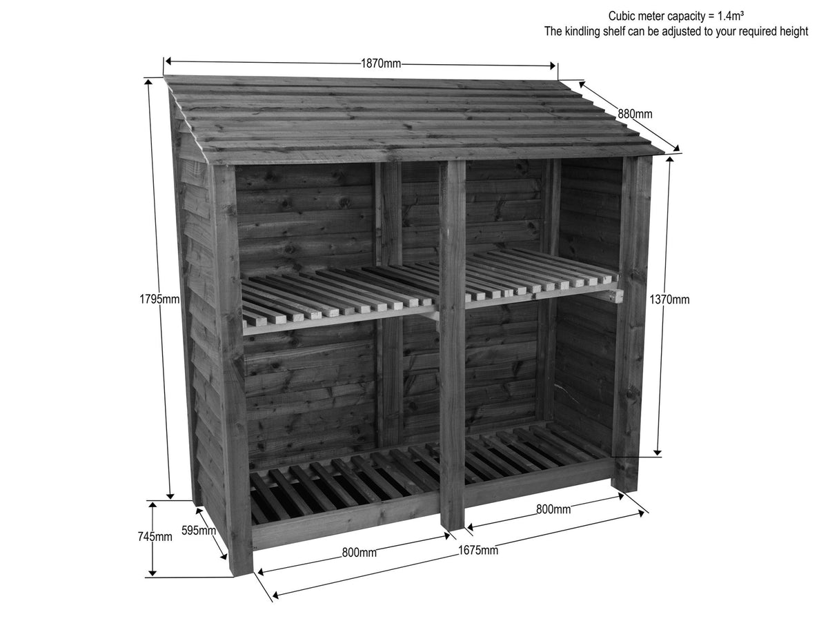 Wooden Log Store with Shelf W-187cm, H-126cm or 180cm, D-88cm - SGP Garden Ltd