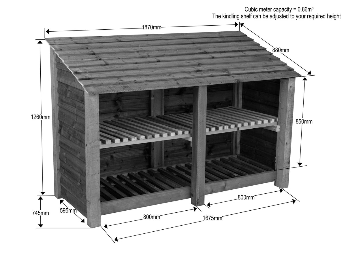 Wooden Log Store with Shelf W-187cm, H-126cm or 180cm, D-88cm - Brown Finish - SGP Garden Ltd