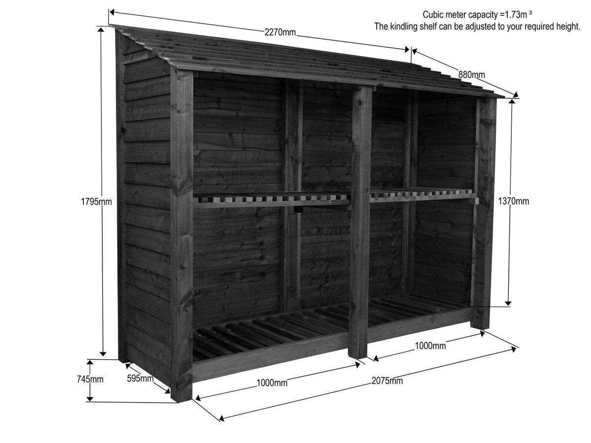 Wooden Log Store with Shelf W-227cm, H-126cm or 180cm, D-88cm - SGP Garden Ltd