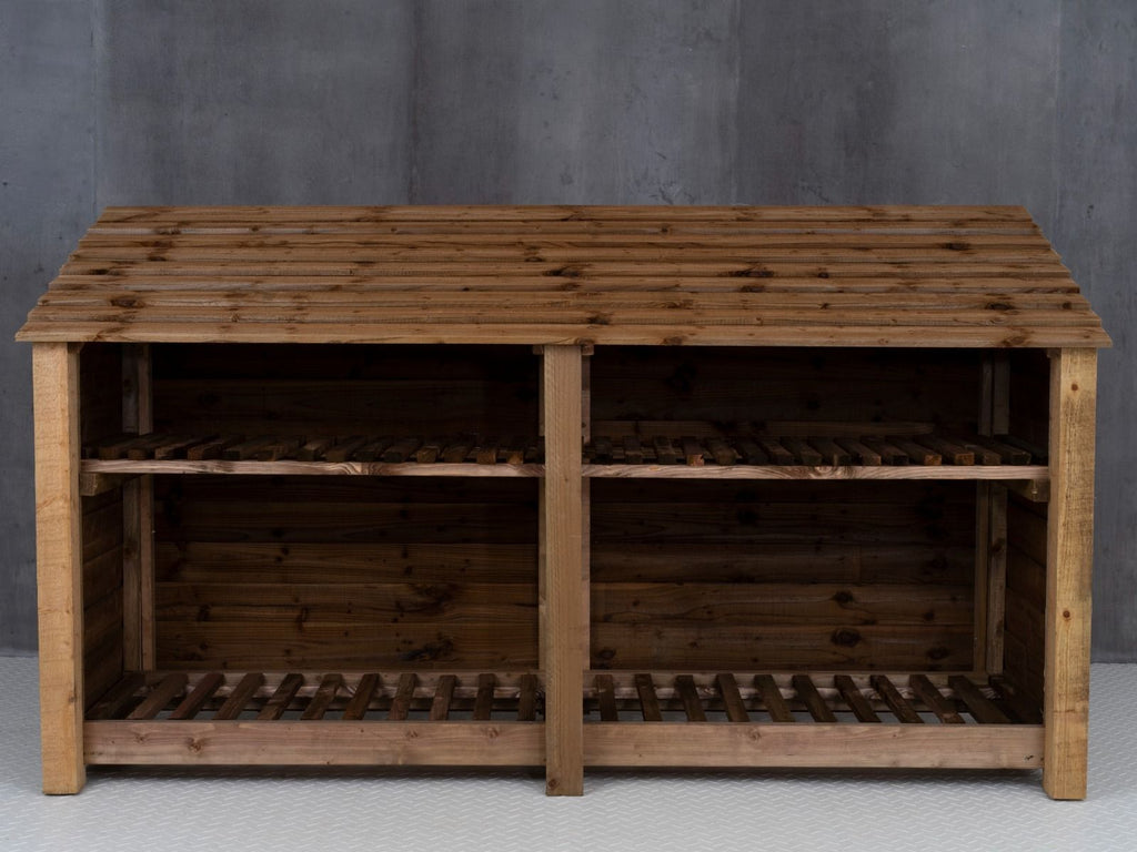 Wooden Log Store with Shelf W-227cm, H-126cm or 180cm, D-88cm - Brown Finish - SGP Garden Ltd