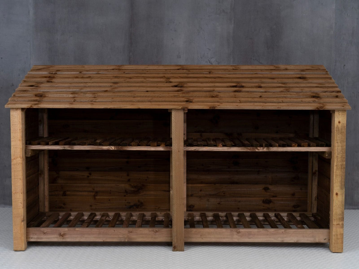 Wooden Log Store with Shelf W-227cm, H-126cm or 180cm, D-88cm - Brown Finish - SGP Garden Ltd