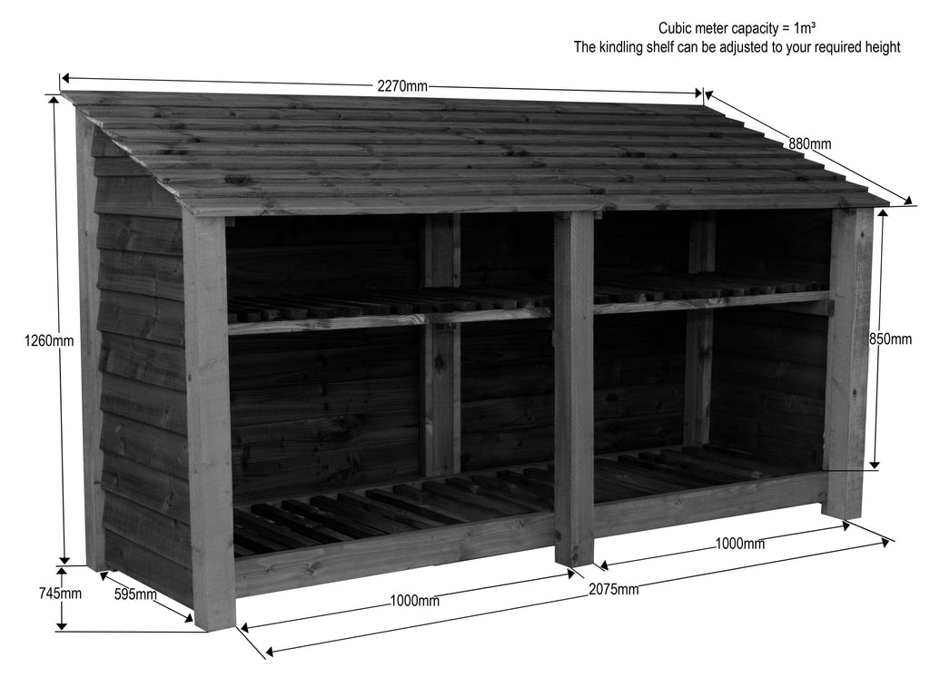 Wooden Log Store with Shelf W-227cm, H-126cm or 180cm, D-88cm - Brown Finish - SGP Garden Ltd