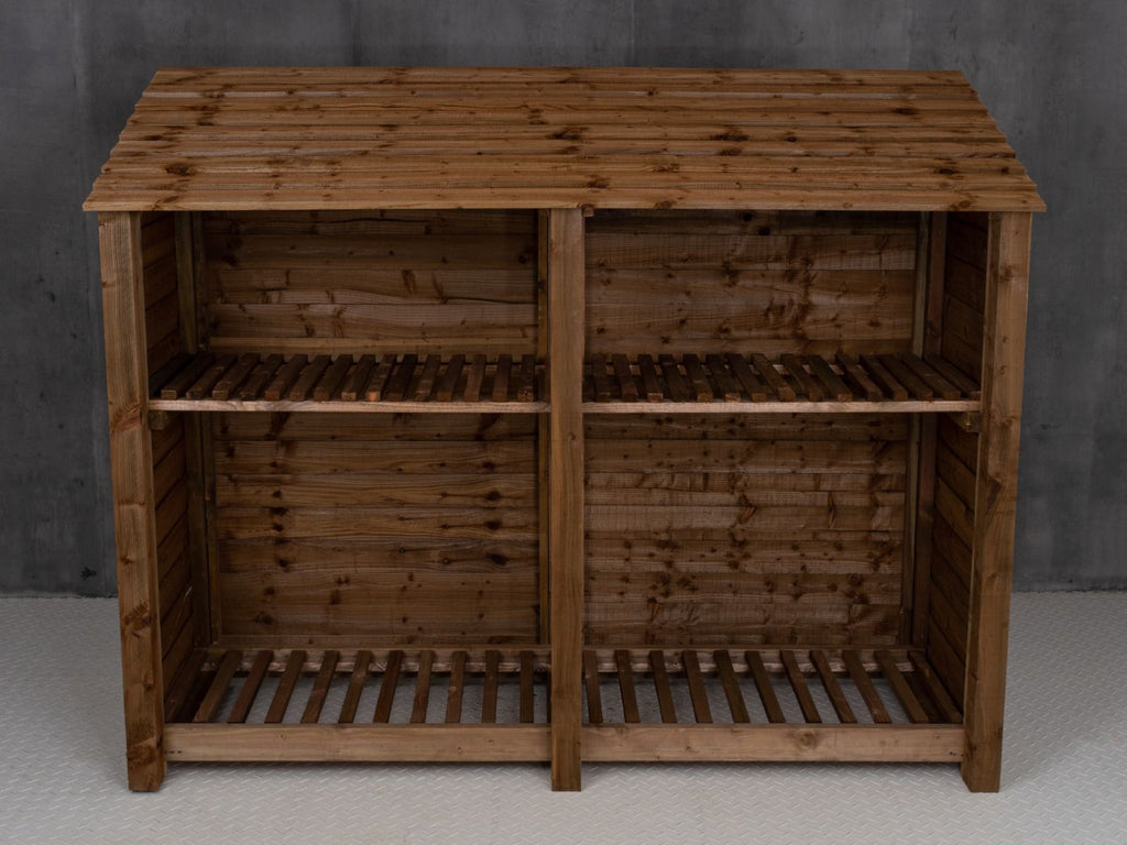 Wooden Log Store with Shelf W-227cm, H-126cm or 180cm, D-88cm - Brown Finish - SGP Garden Ltd