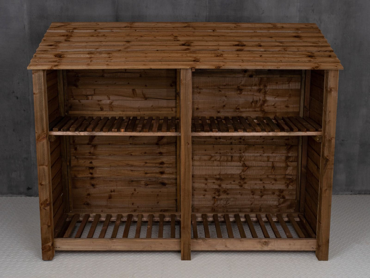 Wooden Log Store with Shelf W-227cm, H-126cm or 180cm, D-88cm - Brown Finish - SGP Garden Ltd