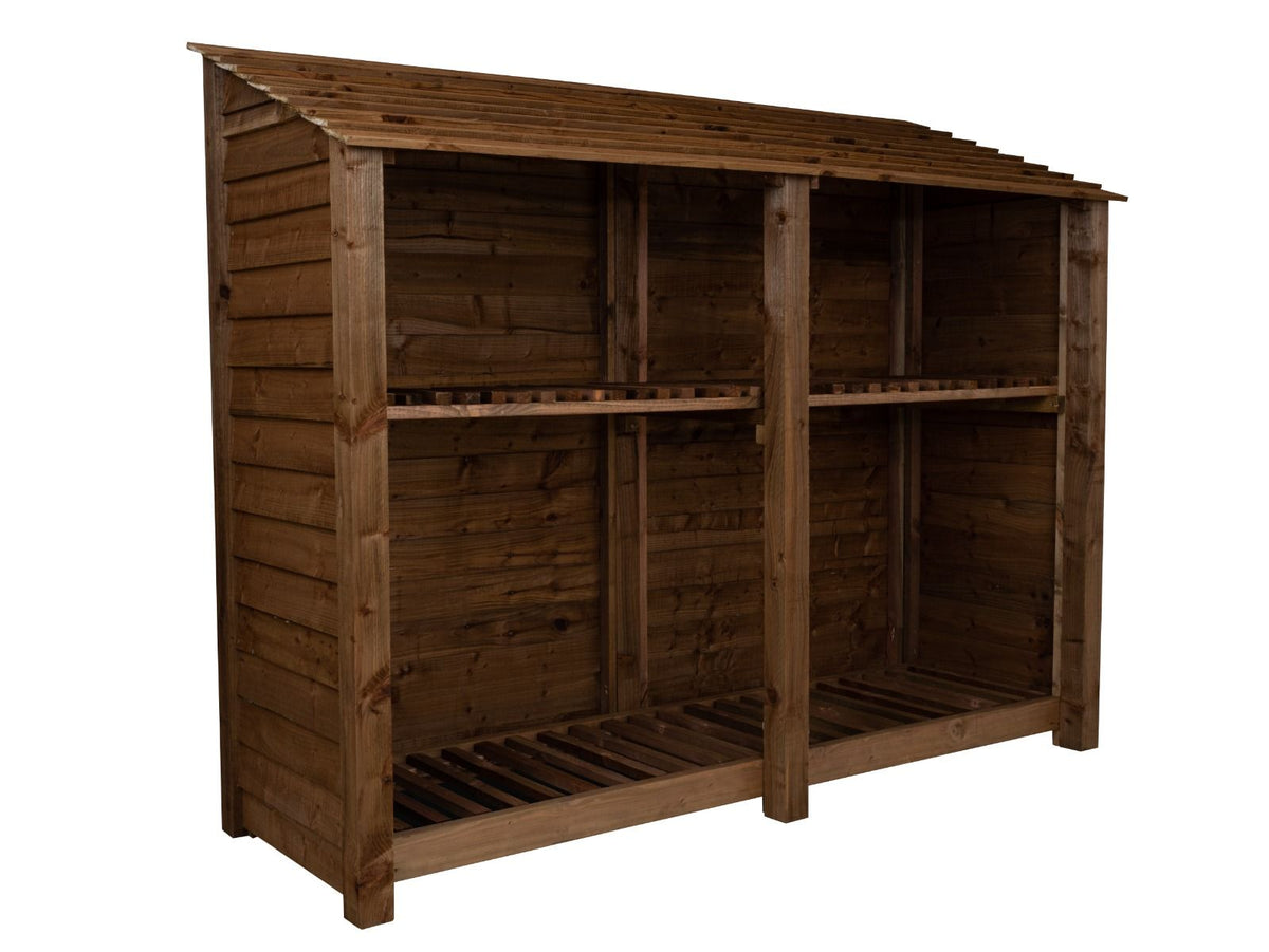 Wooden Log Store with Shelf W-227cm, H-126cm or 180cm, D-88cm - Brown Finish - SGP Garden Ltd