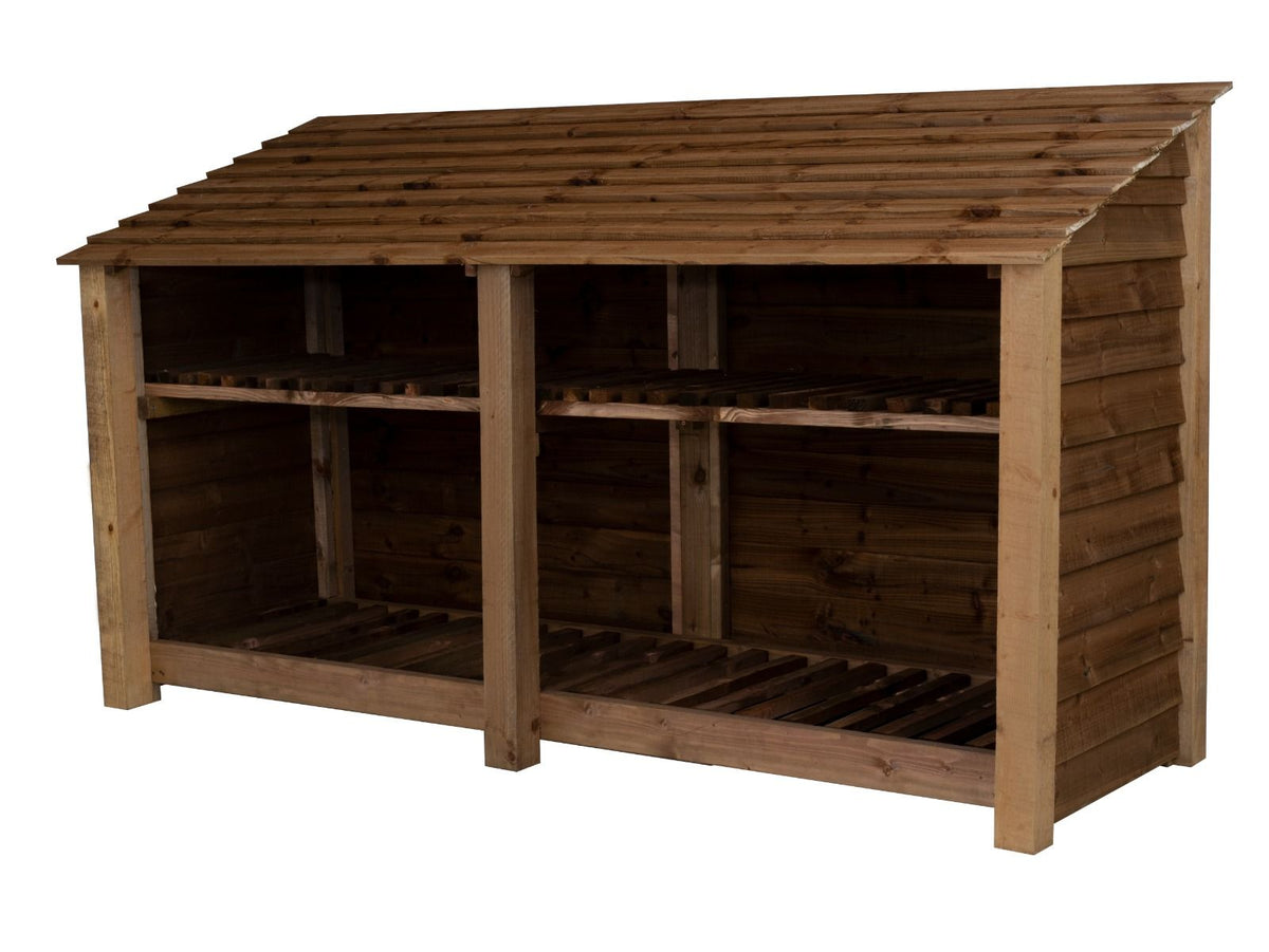 Wooden Log Store with Shelf W-227cm, H-126cm or 180cm, D-88cm - Brown Finish - SGP Garden Ltd