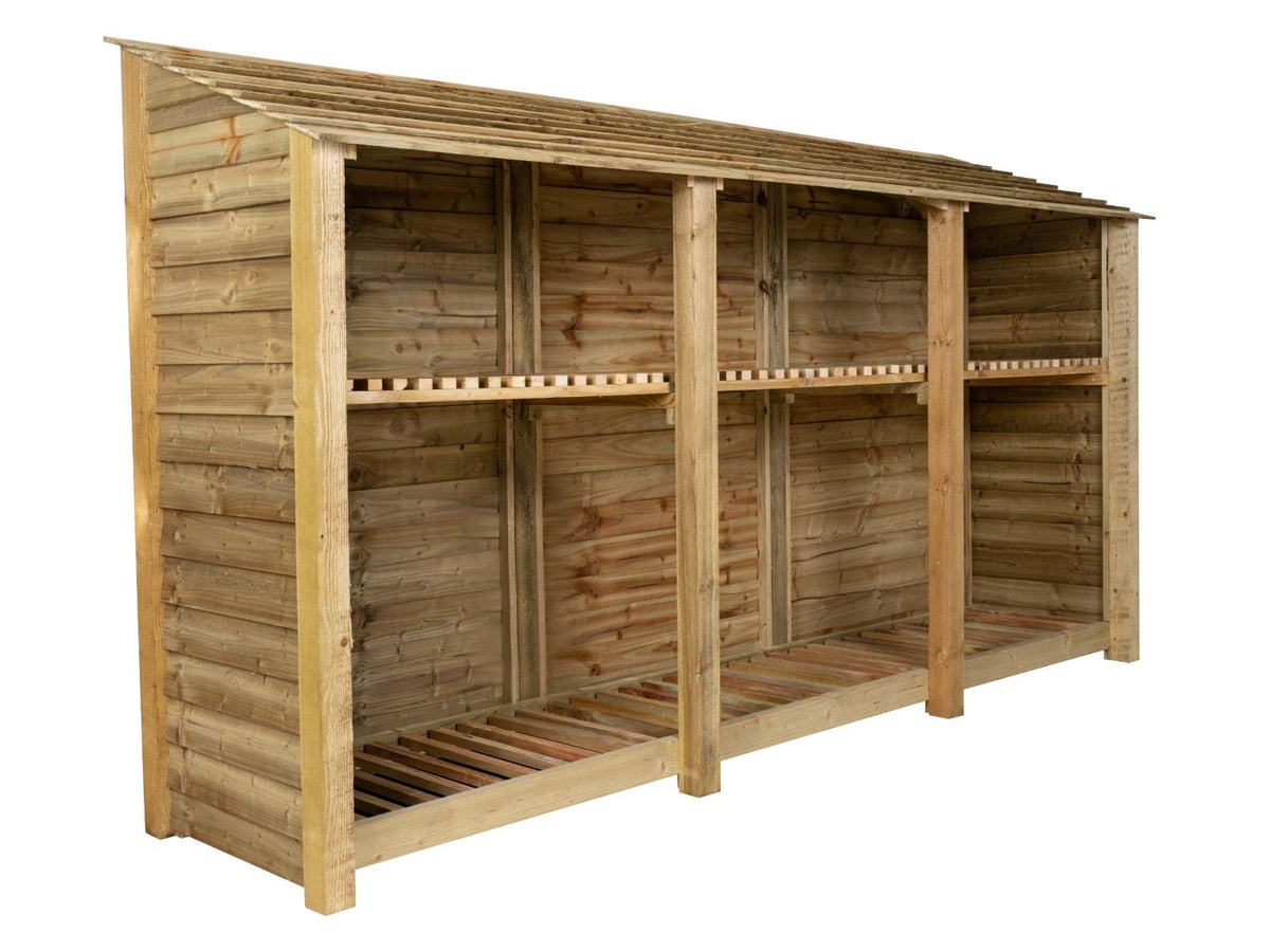 Wooden Log Store with Shelf W-335cm, H-126cm or 180cm, D-88cm - SGP Garden Ltd