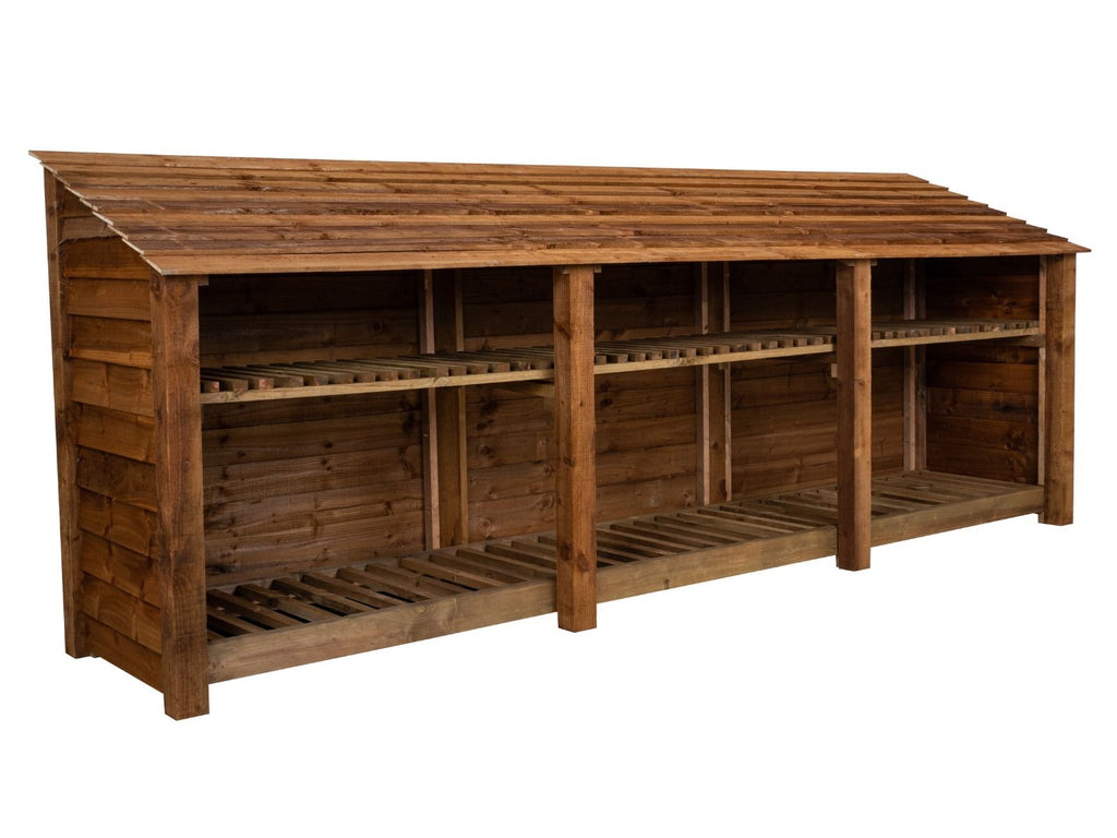 Wooden Log Store with Shelf W-335cm, H-126cm or 180cm, D-88cm - Brown Finish - SGP Garden Ltd