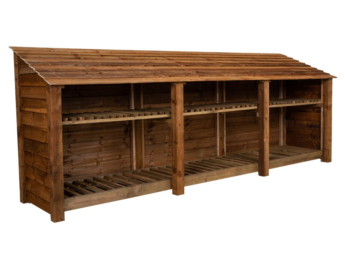 Wooden Log Store with Shelf W-335cm, H-126cm or 180cm, D-88cm - Brown Finish - SGP Garden Ltd