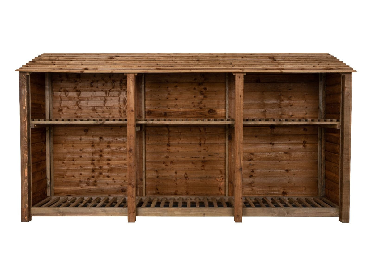 Wooden Log Store with Shelf W-335cm, H-126cm or 180cm, D-88cm - Brown Finish - SGP Garden Ltd