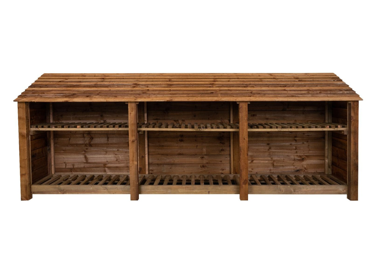 Wooden Log Store with Shelf W-335cm, H-126cm or 180cm, D-88cm - Brown Finish - SGP Garden Ltd