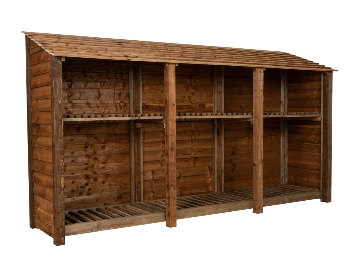 Wooden Log Store with Shelf W-335cm, H-126cm or 180cm, D-88cm - Brown Finish - SGP Garden Ltd