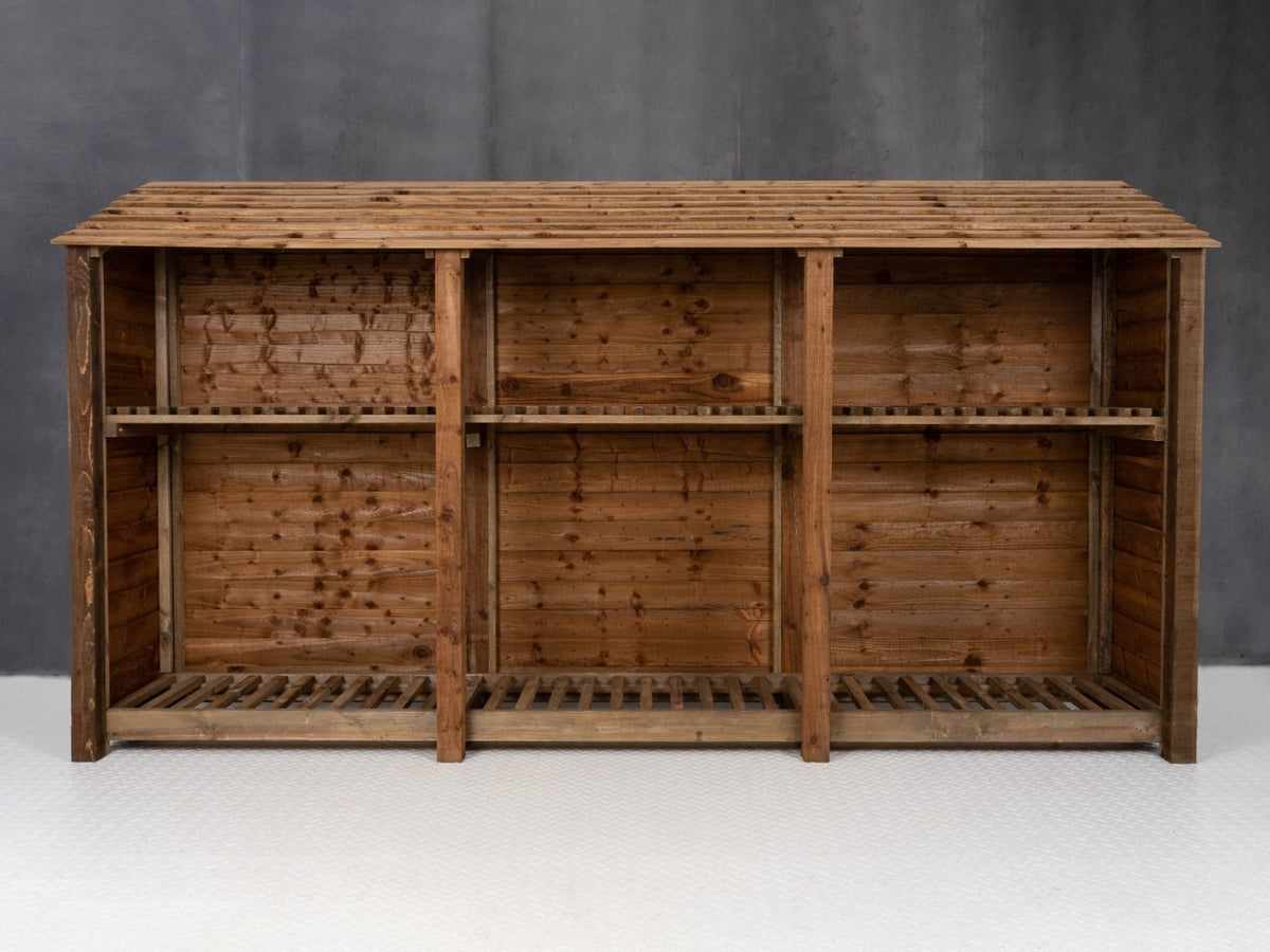 Wooden Log Store with Shelf W-335cm, H-126cm or 180cm, D-88cm - Brown Finish - SGP Garden Ltd