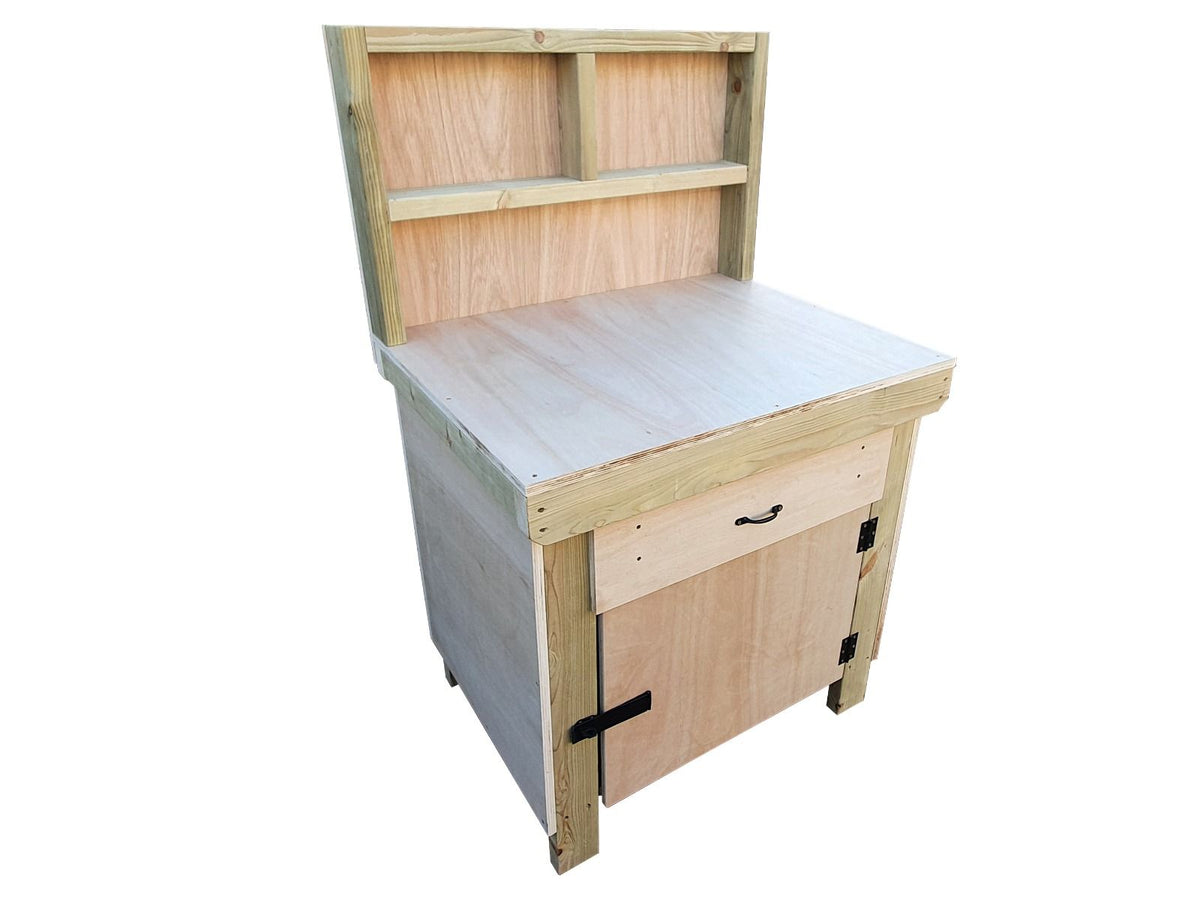 Wooden MDF top storage workbench with lockable cupboard and drawers (V.4) with back - SGP Garden Ltd