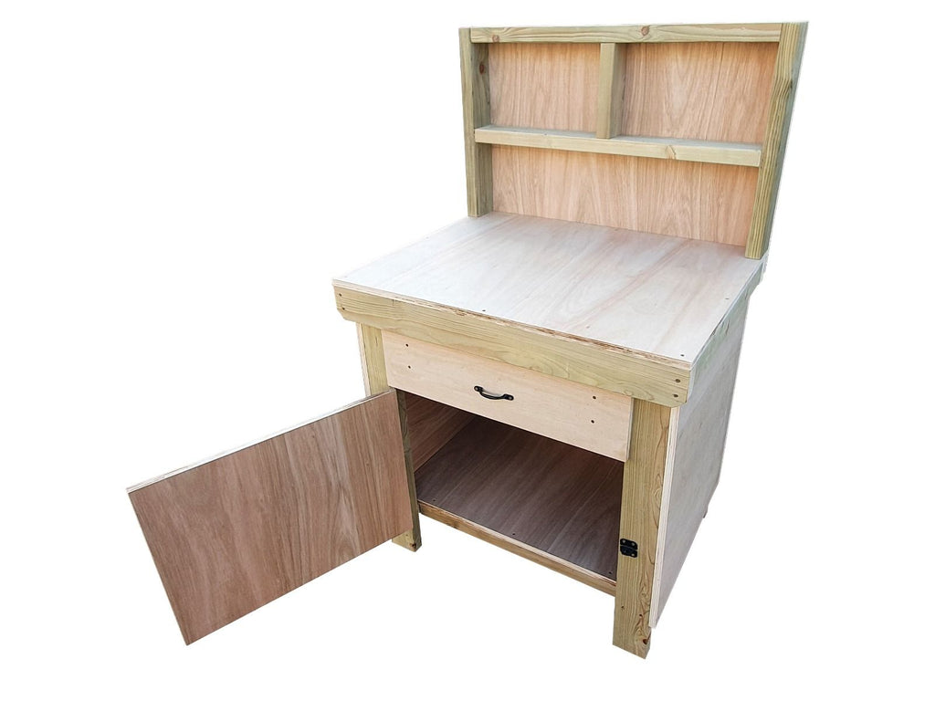 Wooden MDF top storage workbench with lockable cupboard and drawers (V.4) with back - SGP Garden Ltd