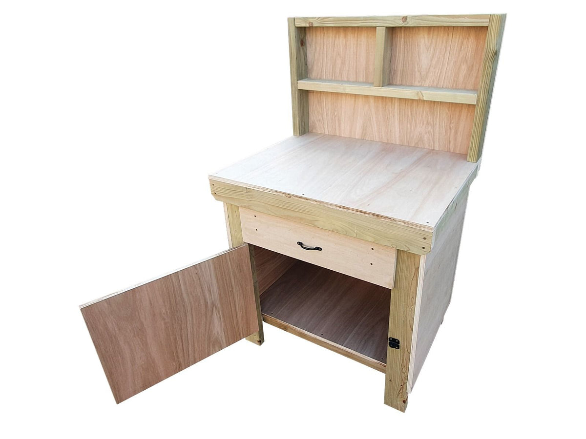 Wooden MDF top storage workbench with lockable cupboard and drawers (V.4) with back - SGP Garden Ltd