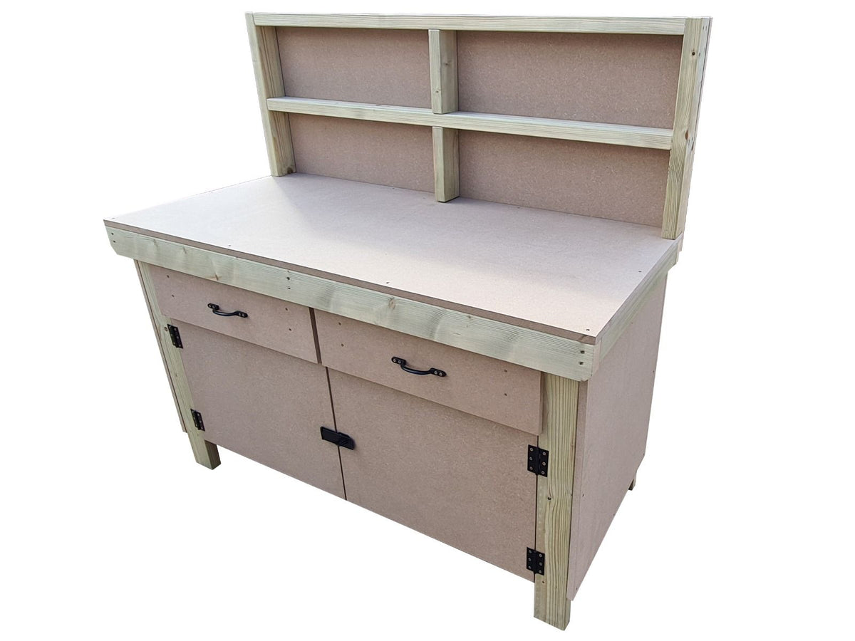 Wooden MDF top storage workbench with lockable cupboard and drawers (V.4) with back - SGP Garden Ltd