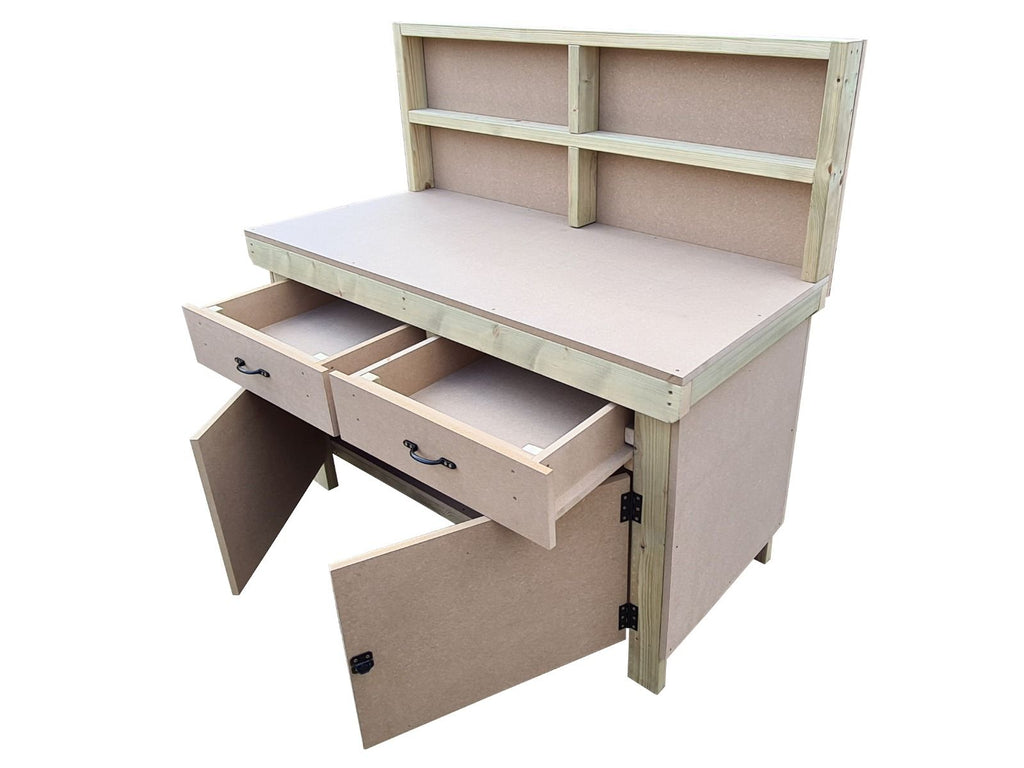 Wooden MDF top storage workbench with lockable cupboard and drawers (V.4) with back - SGP Garden Ltd