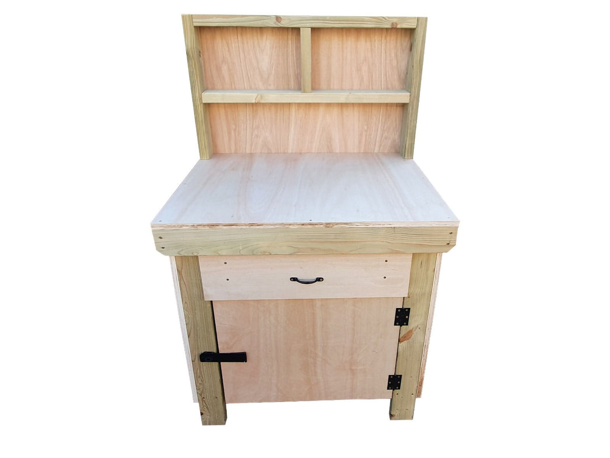 Wooden MDF top storage workbench with lockable cupboard and drawers (V.4) with back - SGP Garden Ltd
