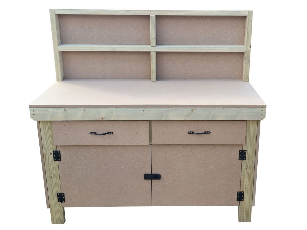 Wooden MDF top storage workbench with lockable cupboard and drawers (V.4) with back - SGP Garden Ltd