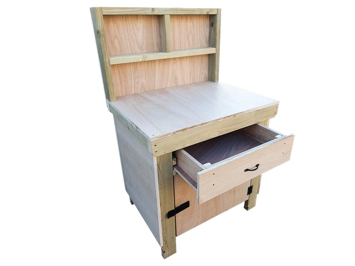 Wooden MDF top storage workbench with lockable cupboard and drawers (V.4) with back - SGP Garden Ltd
