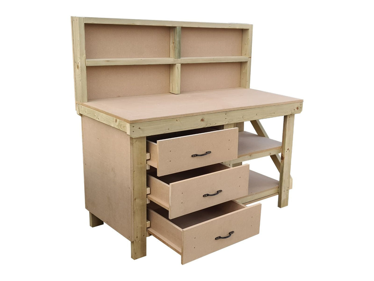 Wooden MDF top tool cabinet workbench with storage shelf (V.7) with back panel and double shelf - SGP Garden Ltd