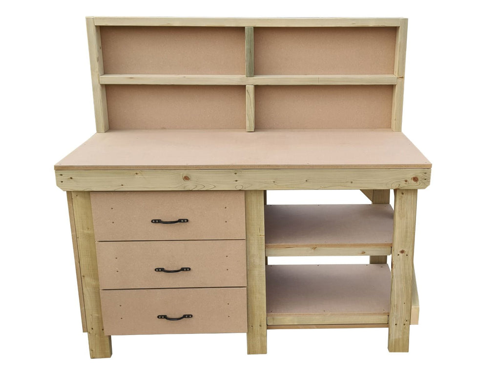 Wooden MDF top tool cabinet workbench with storage shelf (V.7) with back panel and double shelf - SGP Garden Ltd