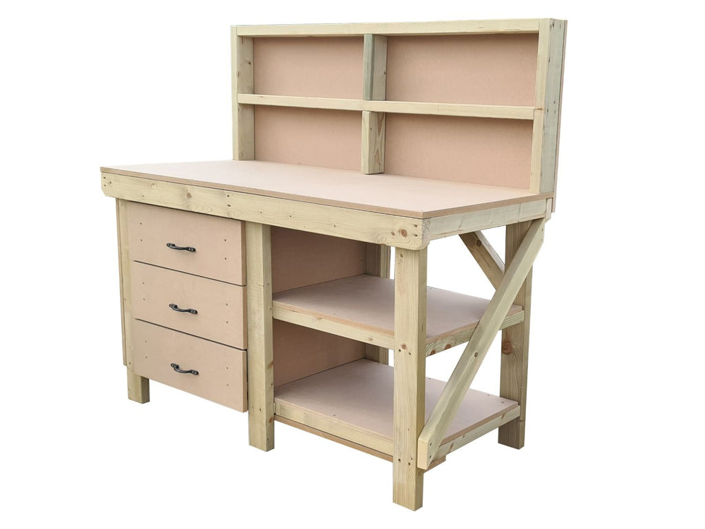 Wooden MDF top tool cabinet workbench with storage shelf (V.7) with back panel and double shelf - SGP Garden Ltd