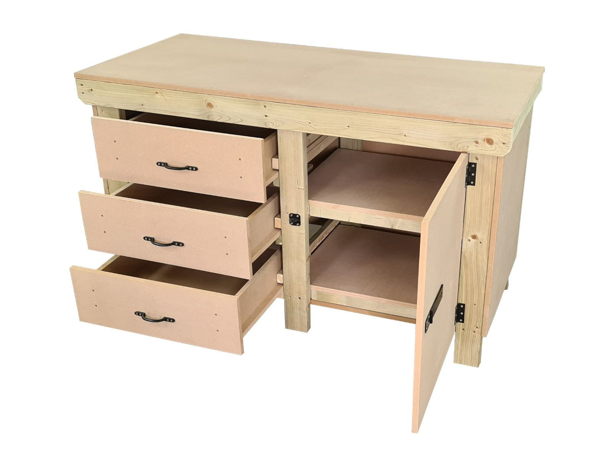Wooden MDF top workbench, tool cabinet with lockable cupboard (V.3) double shelf - SGP Garden Ltd