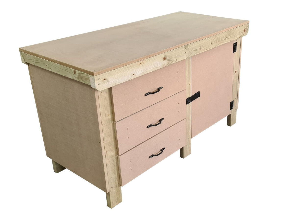 Wooden MDF top workbench, tool cabinet with lockable cupboard (V.3) double shelf - SGP Garden Ltd
