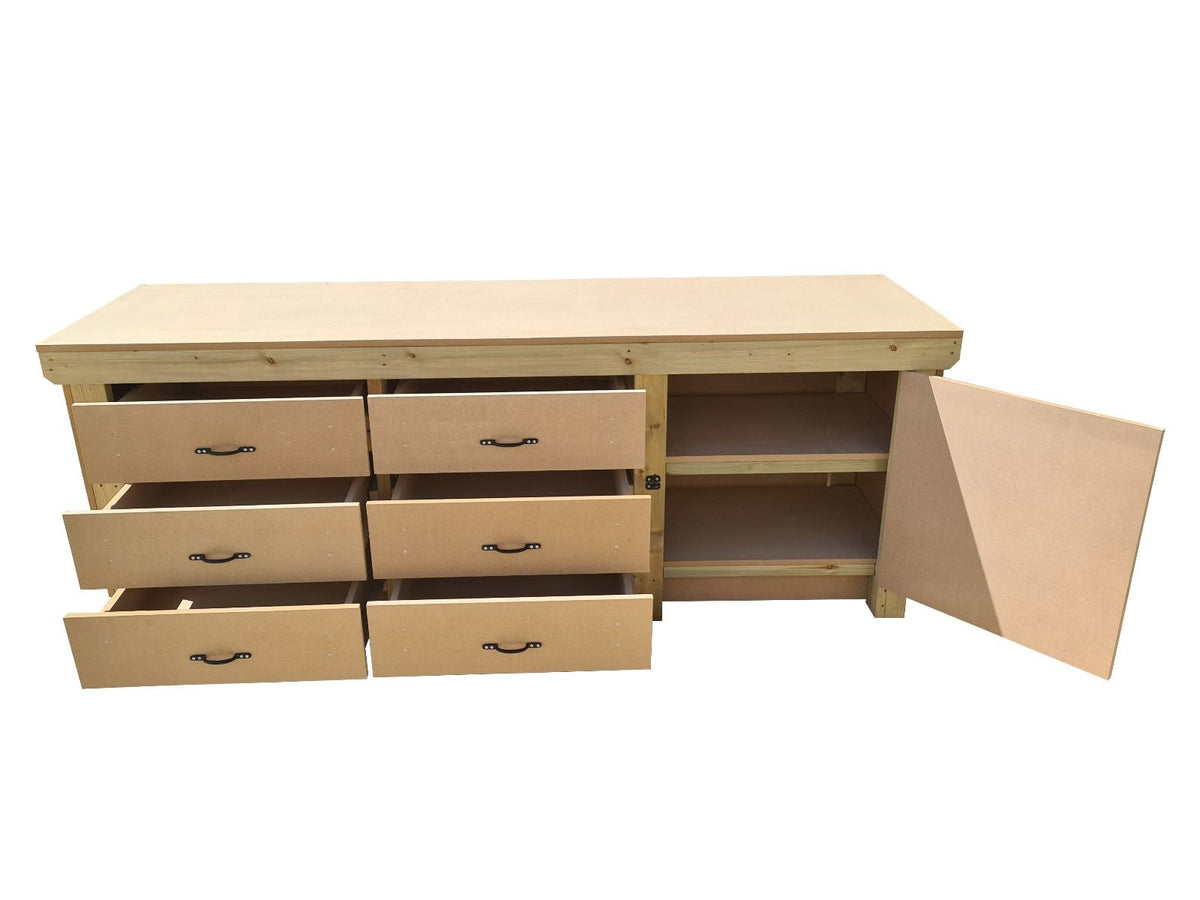 Wooden MDF top workbench, tool cabinet with lockable cupboard (V.3) double shelf - SGP Garden Ltd