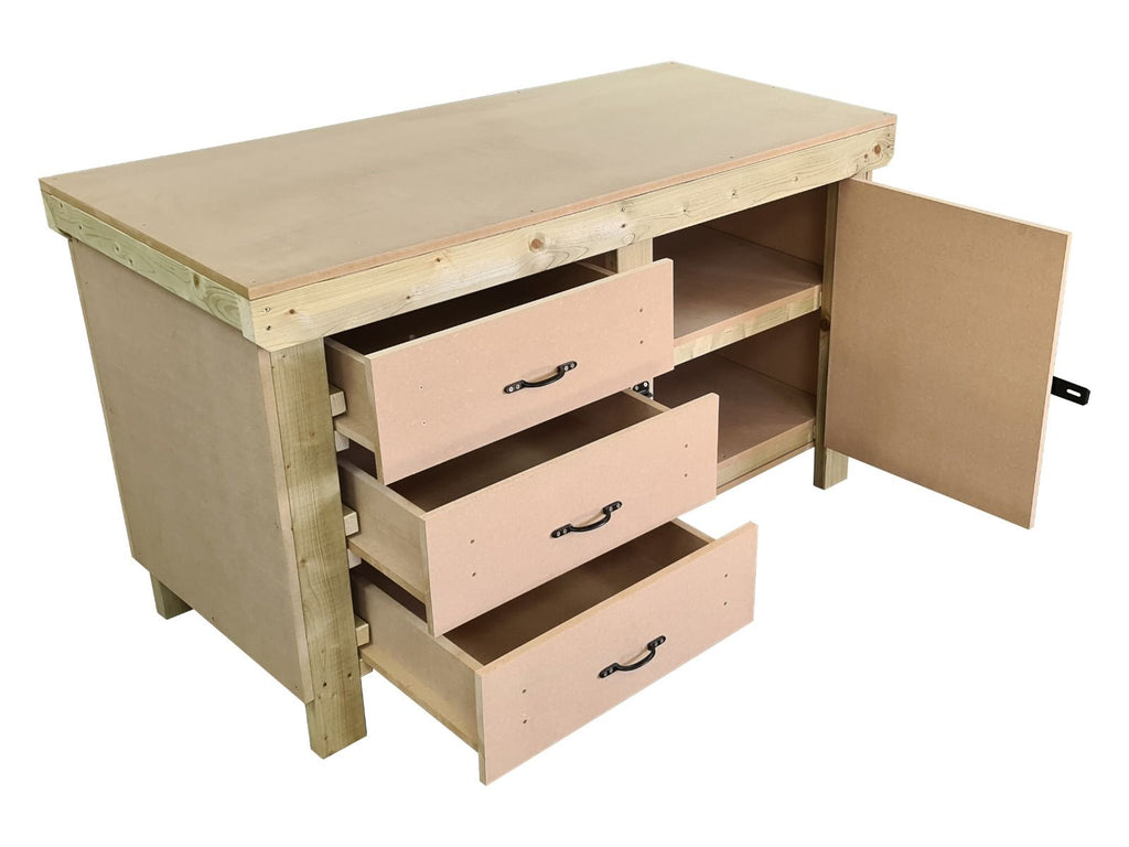 Wooden MDF top workbench, tool cabinet with lockable cupboard (V.3) double shelf - SGP Garden Ltd