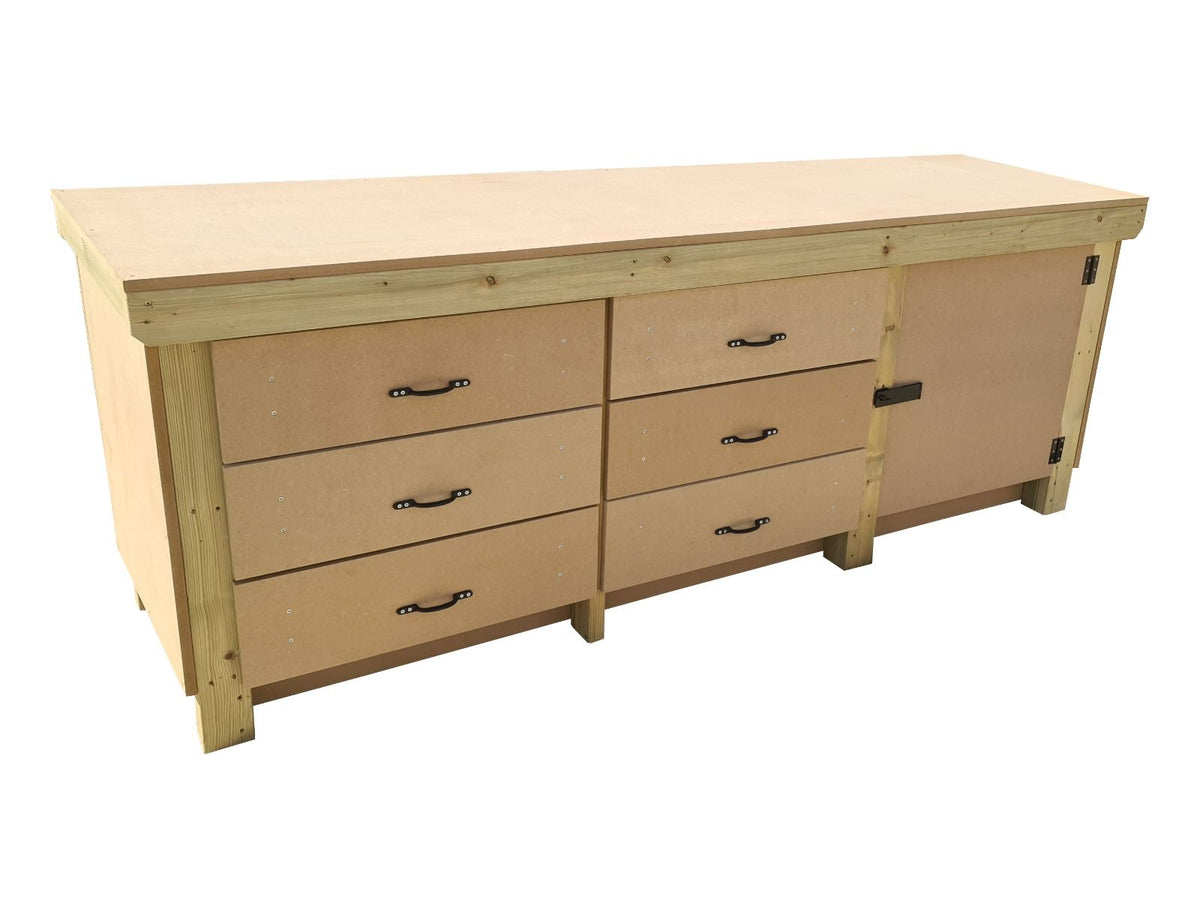Wooden MDF top workbench, tool cabinet with lockable cupboard (V.3) double shelf - SGP Garden Ltd