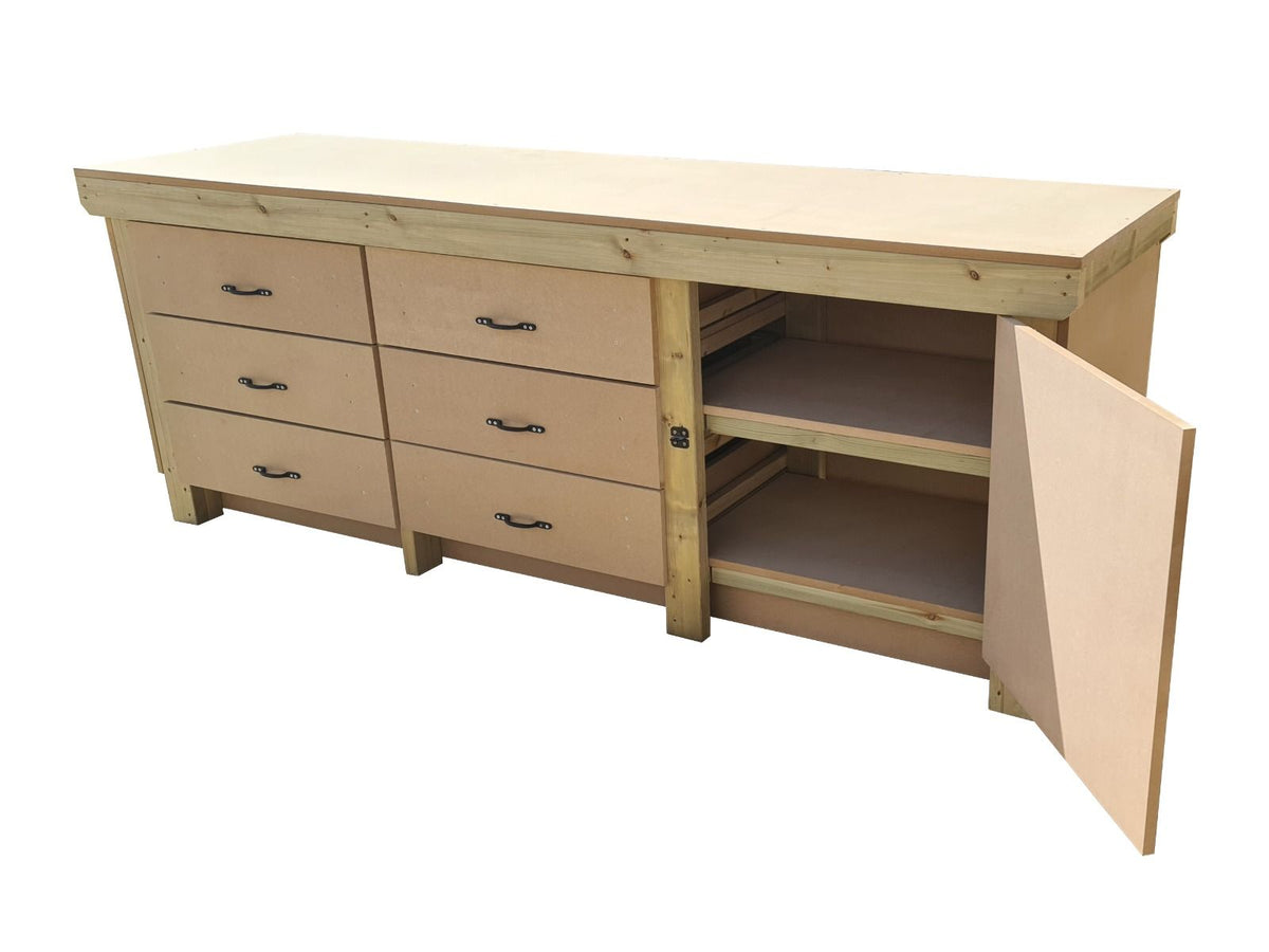 Wooden MDF top workbench, tool cabinet with lockable cupboard (V.3) double shelf - SGP Garden Ltd