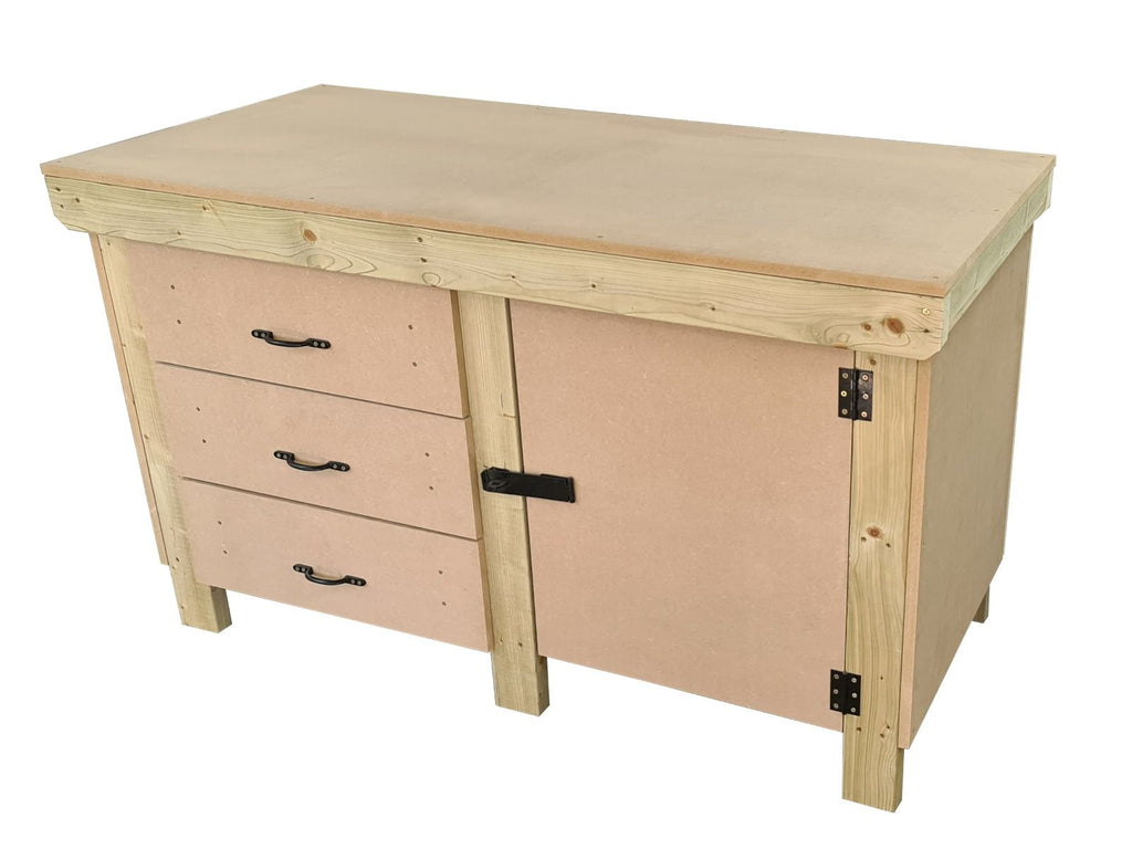 Wooden MDF top workbench, tool cabinet with lockable cupboard (V.3) double shelf - SGP Garden Ltd