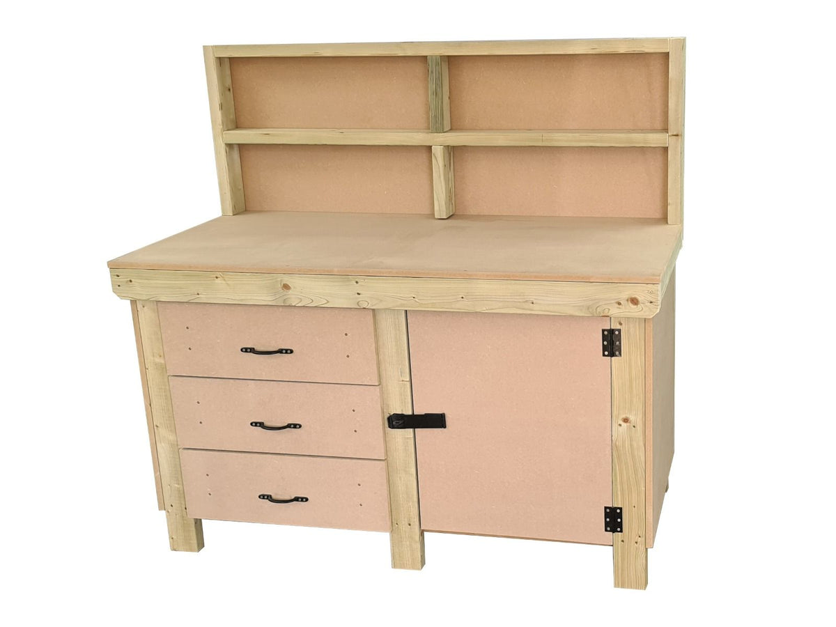 Wooden MDF top workbench, tool cabinet with lockable cupboard (V.3) with back and double shelf - SGP Garden Ltd