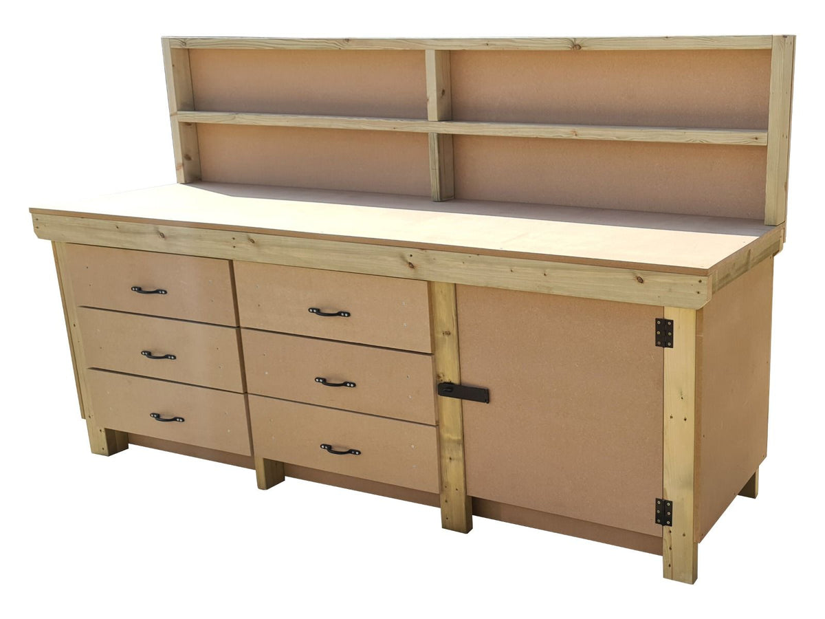 Wooden MDF top workbench, tool cabinet with lockable cupboard (V.3) with back and double shelf - SGP Garden Ltd