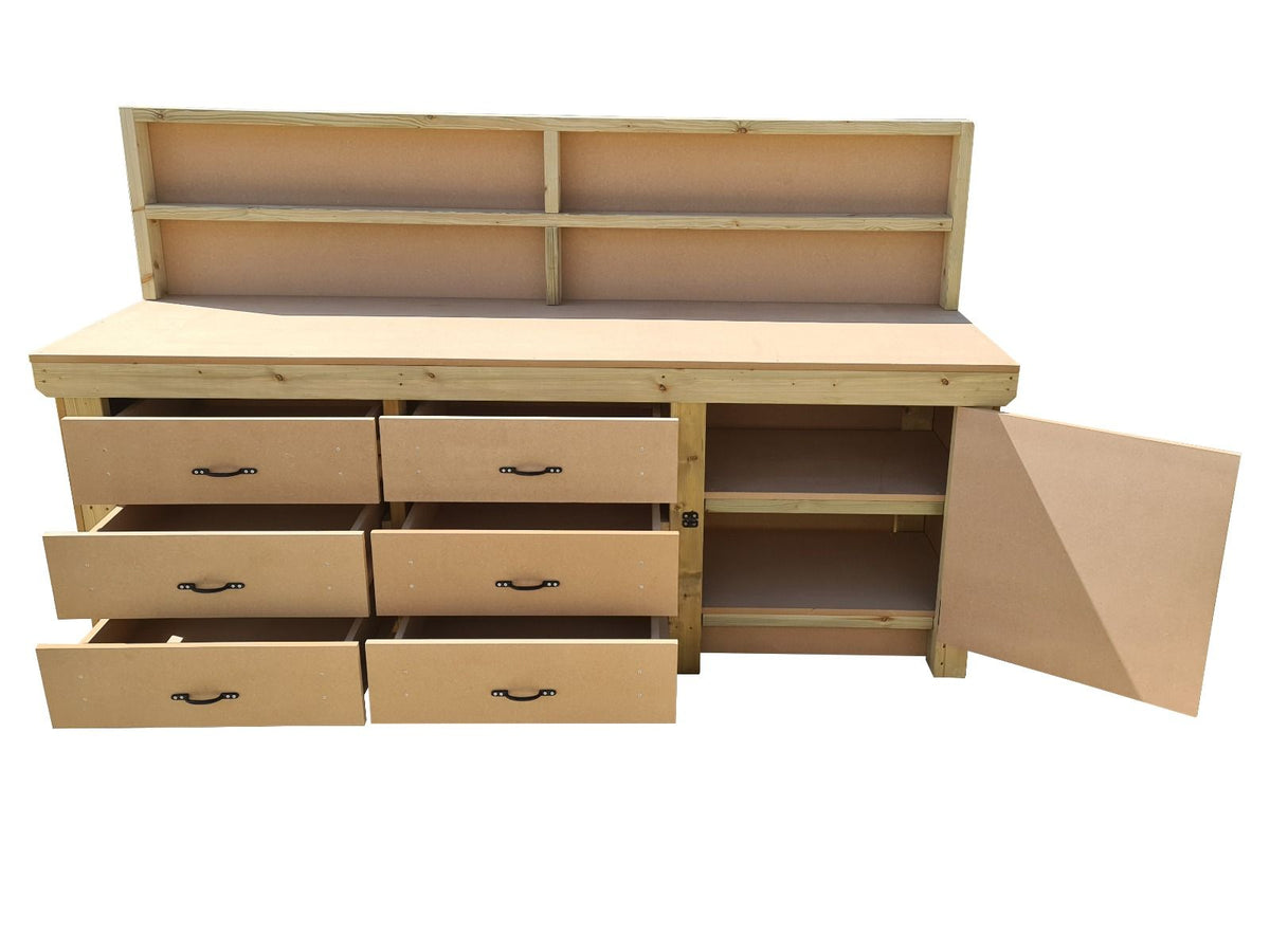 Wooden MDF top workbench, tool cabinet with lockable cupboard (V.3) with back and double shelf - SGP Garden Ltd